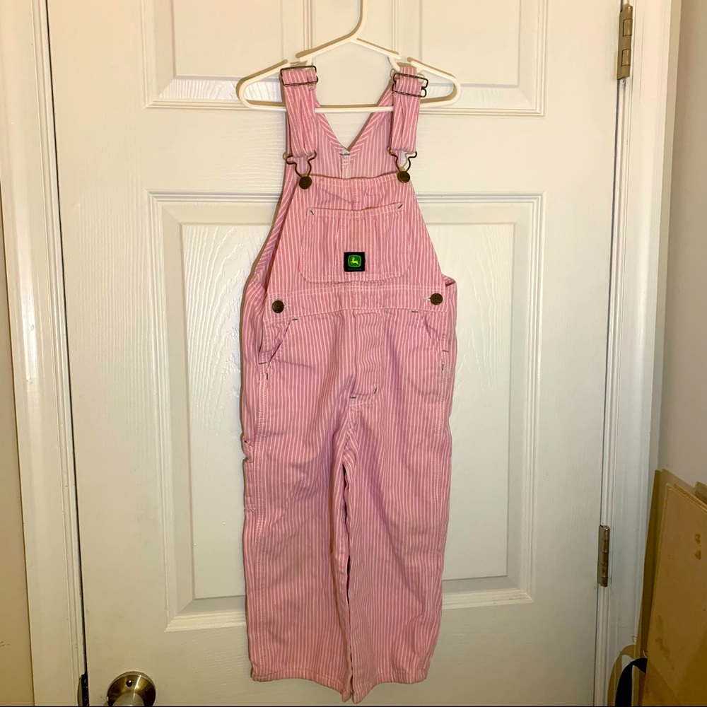 ADORABLE John Deere Girls Overalls Size 4 Pink &White Pinstripe